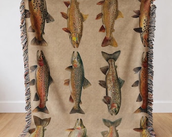 Lake House Woven Blanket with Rainbow Trout – Fishing Gift