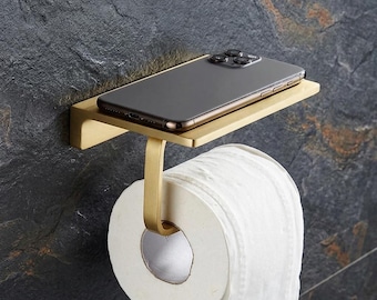 Solid Brass Toilet Paper Holder with Top Shelf – Gold Bathroom Organizer