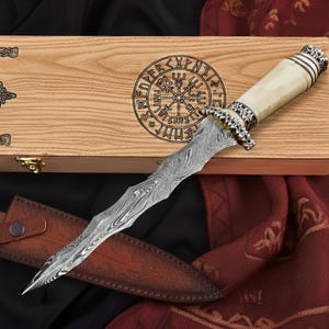 Hand Forged Wavy Dagger Knife-Camel Bone Handle, Damascus Steel Collectible, Engraved Fantasy Dagger, Viking Style Decorative Camping Knife