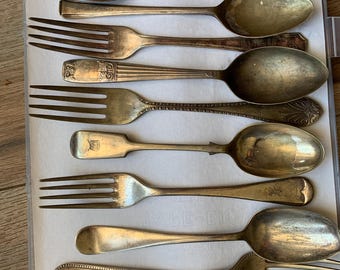 Vintage Tarnished Spoons and Forks for Crafting - Set  of 10