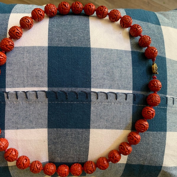 Cinnabar Red Hand Knotted Beaded 25” Necklace with Silver Clasp