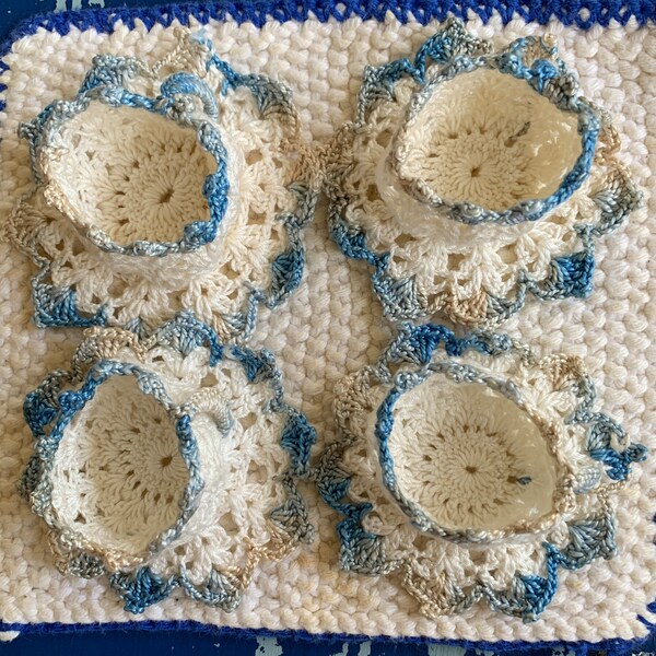 Vintage Crocheted Teacups - Blue Variegated Candy or Nut Cups