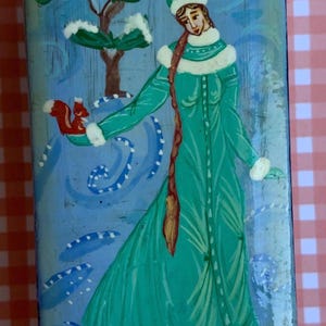 Russian Hand Painted Hinged   Trinket Box- Winter Woman and Squirrel
