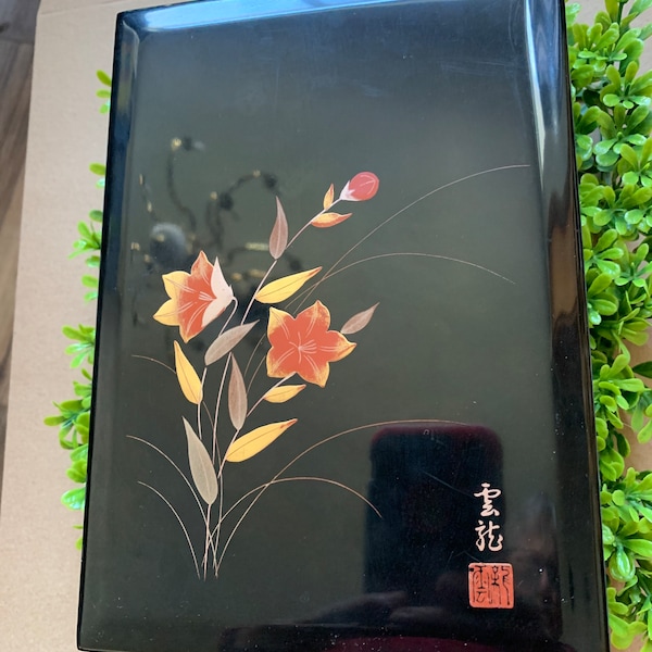 Japanese Black Lacquer Lidded Box with Floral Design