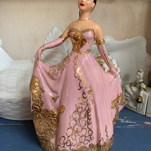 Mid Century Movie Star Beauty in Long Pink with Gold Ballgown 11” Lovely!