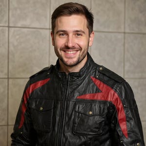 Könnte beinhalten: Schwarze Lederjacke mit roten Akzenten auf den Schultern und Oberarmen. Die Jacke hat einen Reißverschluss, zwei Brusttaschen und einen Stehkragen. Die Person auf dem Bild lächelt.