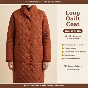 May include: A long, rust-colored quilt coat featuring a diamond-stitched pattern, a shawl collar, five front snap closures, and two large patch pockets. Text includes: SamsWereables, Long Quilt Coat, Sizes XXS-5XL, A4, A0, US Letter.