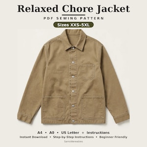 Relaxed Chore Jacket Sewing Pattern, Unisex Workwear Jacket, Snap Front, Patch Pockets, Beginner Friendly, XXS-5XL, A0 A4 US Letter PDF