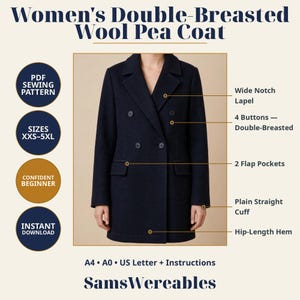 May include: A navy blue double-breasted pea coat featuring a wide notch lapel, four buttons, two flap pockets, plain straight cuffs, and a hip-length hem. The image includes text labels for a PDF sewing pattern, sizes XXS-5XL, and instructions.