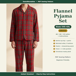 Unisex Flannel Pyjama Set PDF Pattern, Button-Up Top, Elastic Pants (XXS-4XL)