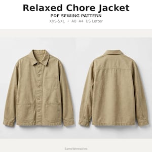 Relaxed Chore Jacket Sewing Pattern, Unisex Workwear Jacket, Snap Front, Patch Pockets, Beginner Friendly, XXS-5XL, A0 A4 US Letter PDF