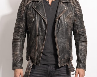 Mens Distressed Black Leather Biker Jacket, Vintage Padded Motorcycle Jacket, Cafe Racer Asymmetric Rider Rock Punk Coat