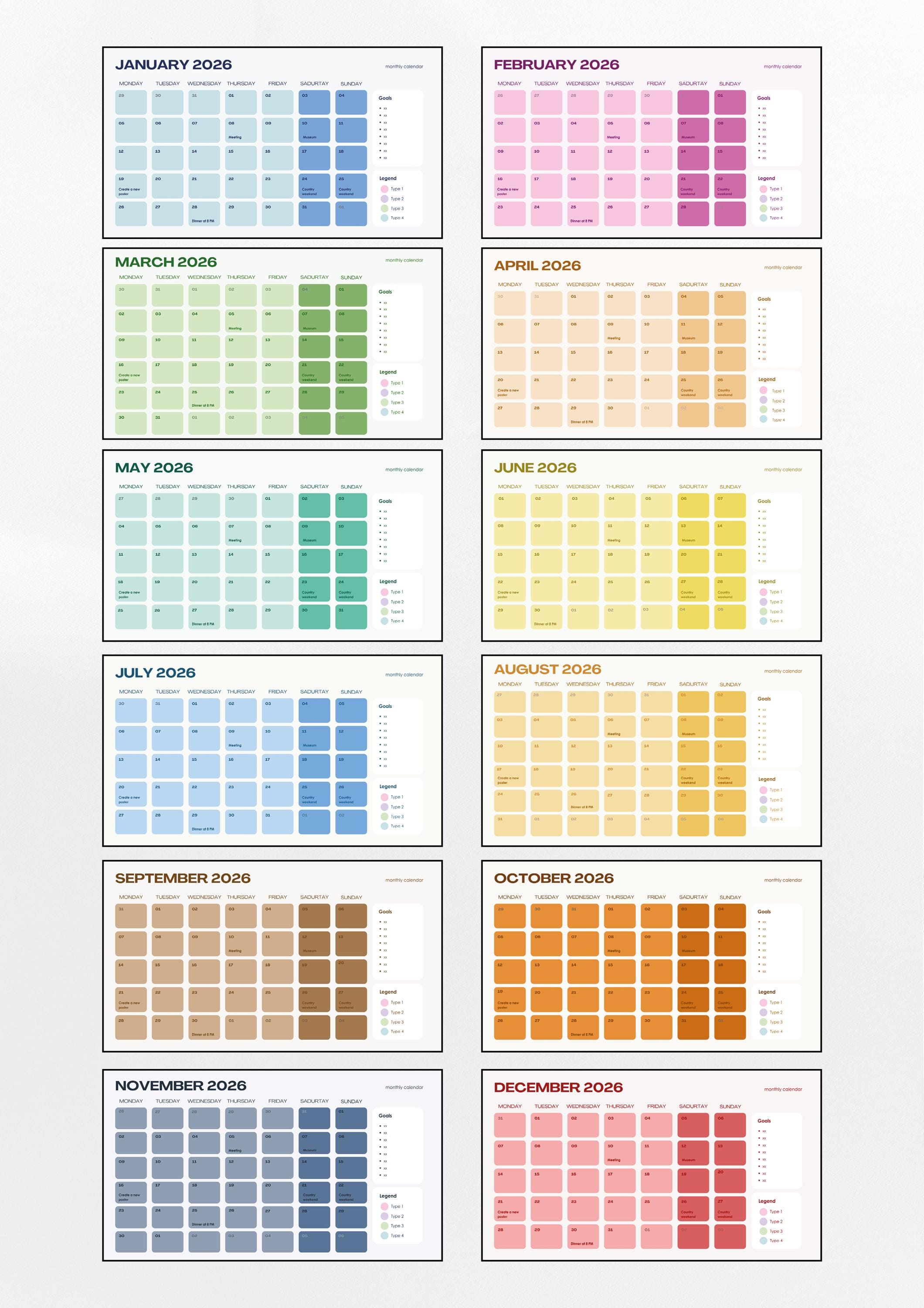 2026 Calendar | Editable Canva Template | Minimal Planner | English ...
