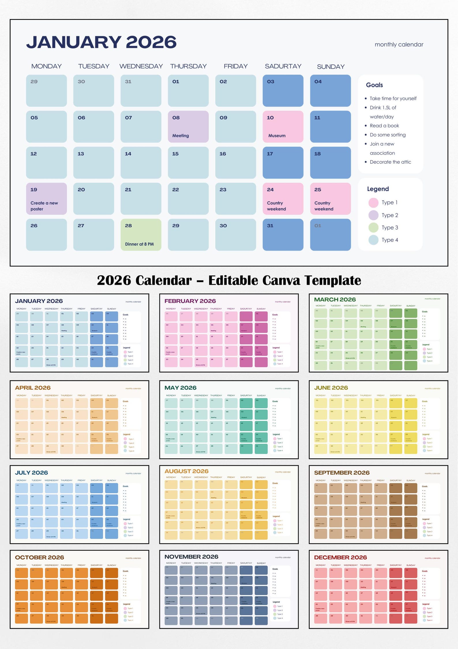 2026 Calendar | Editable Canva Template | Minimal Planner | English ...