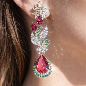 Pendientes largos de zafiro rojo con forma de araña y diamantes amarillos, diseño floral de piedra rubí multicolor.
