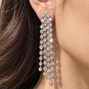 May include: A long, dangling earring featuring multiple vertical strands of round, clear, faceted stones set in a silver-toned metal. The stones catch the light, creating a sparkling effect as they hang down from the earlobe in a cascading design.