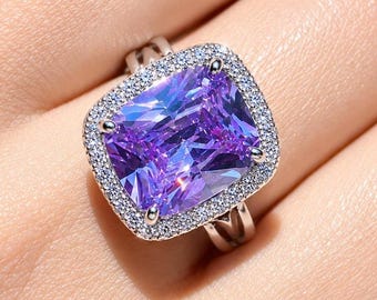 Purple Sapphire Ring Large Statement Moissanite Diamond Leavender Purple Stone Jewelry Huge Engagement Rings