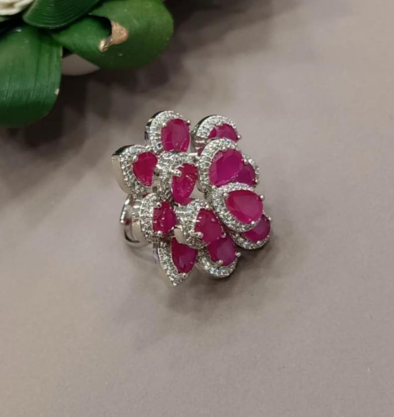 Large Ruby Diamond Ring Statement Cocktail CZ Moissanite Huge Pink Sapphire Stone Jewelry Wedding image 1