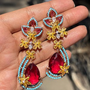 Red Diamond Earrings Long Chandelier Yellow Diamond Turquoise Jewelry Statement Multicolor Ruby Stone Flower