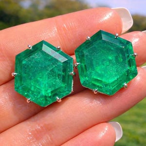 Large Emerald Doublet Earrings Statement Studs Green Paraiba Tourmaline Jewelry Glowing Stone Cocktail Party