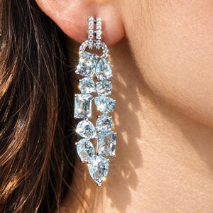 Aquamarine Earrings CZ Moissanite Statement Chandelier Doublet Stone Aqua Blue Diamond Jewelry Wedding Gift