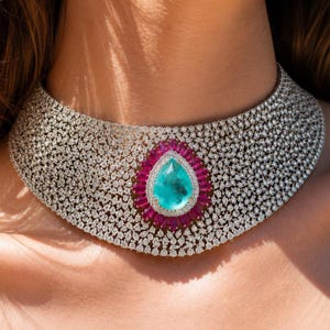 May include: A luxurious diamond choker necklace. The necklace features a large, teal-coloured, teardrop-shaped gemstone, framed by pink gemstones. The choker is encrusted with numerous small diamonds, creating a striking and elegant design.