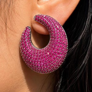 Ruby Diamond Earrings Large Statement Studs Pink Sapphire Pave Setting Designer Bride Wedding Jewelry
