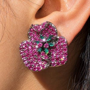 Ruby Diamond Earrings Large Statement Studs Flower Shape Pink Sapphire Pave Setting Wedding Jewelry