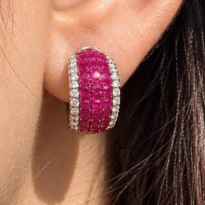 May include: A half-hoop earring featuring a wide central band of pavé-set vibrant pinkish-red gemstones, flanked on both sides by a single row of small, clear, brilliant-cut white stones set in a polished silver-toned metal frame.