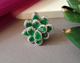 Large Emerald Diamond Ring CZ Moissnaite Green Cubic Zirconia Cocktail Statement Oversized Rings Wedding