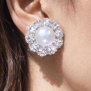 Large Pearl Diamond Earrings Statements Moissanite Big Huge Oversized Studs Bride Pearl CZ Wedding