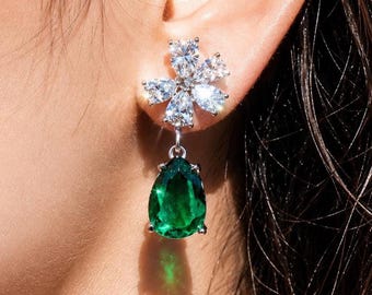 Boucles d'oreilles pendantes émeraude, ornées de moissanite et de zirconiums verts, bijoux pour la mariée, cadeau de mariage pour elle