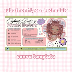 May include: A pink and green flyer for "Infinity Britney Model Debut" with a cartoon avatar. The flyer includes a schedule, donation goals, and timer incentives. Text includes "24 Hour Stream" and "Twitch.tv/infinitybritney".