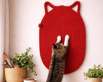 Alfombrilla rascador para gatos de cuerda de yute tejida, almohadilla para pared o suelo con forma de oreja de gato.