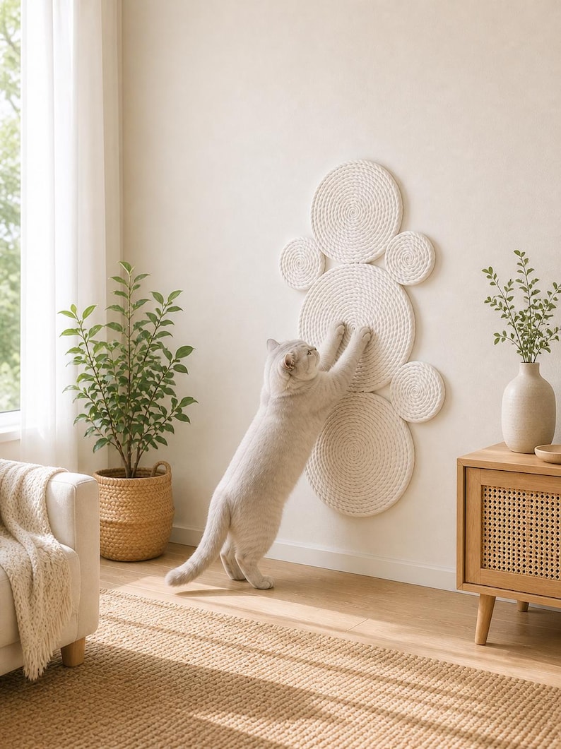 K&ouml;nnte beinhalten: Ein an der Wand montierter Kratzbaum f&uuml;r Katzen, bestehend aus mehreren kreisf&ouml;rmigen Scheiben aus gewickeltem wei&szlig;em Seil. Die Scheiben sind in einer vertikalen Gruppe angeordnet und bieten eine strukturierte Oberfl&auml;che zum Kratzen.