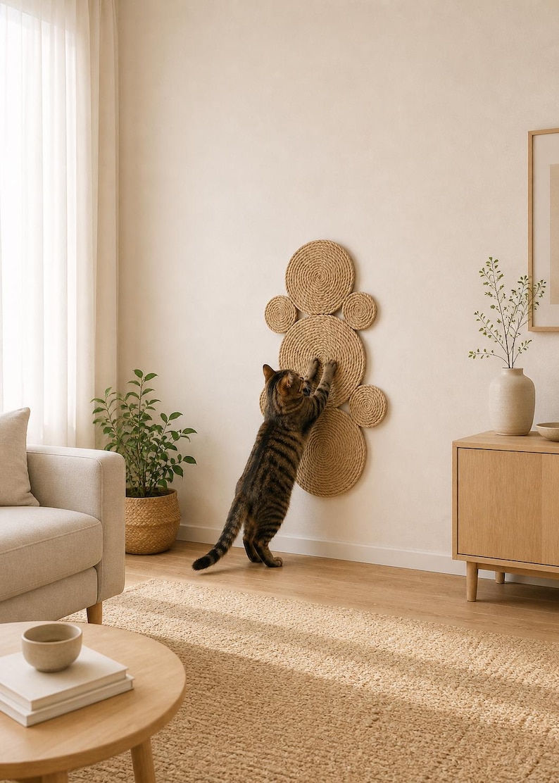 Adult tabby cat fully stretching and scratching a natural tan jute wall-mounted cat scratcher in a warm boho living room.