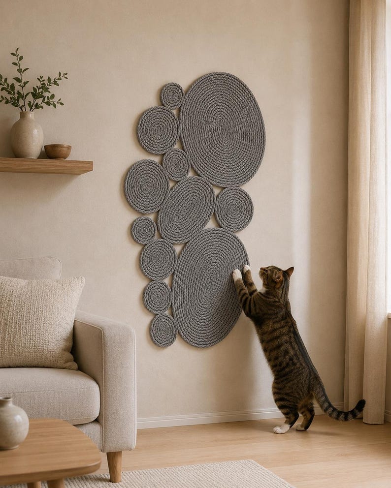 May include: A wall-mounted cat scratching post consisting of multiple circular and oval gray rope-coiled pads arranged in a cluster. A brown tabby cat stands on its hind legs, reaching up to scratch the surface of the largest lower oval pad.