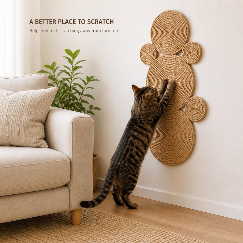 K&ouml;nnte beinhalten: Ein wandmontierter Kratzbaum f&uuml;r Katzen aus beigefarbenem, spiralf&ouml;rmig gewickeltem Seil in kreisf&ouml;rmiger Anordnung. Eine getigerte Katze kratzt an der Oberfl&auml;che. Der Text an der Wand lautet: A BETTER PLACE TO SCRATCH. Helps redirect scratching away from furniture.
