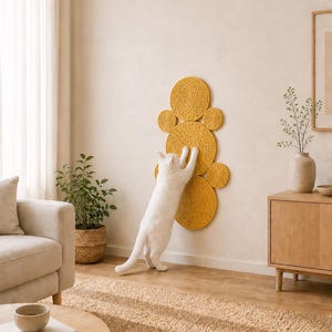 K&ouml;nnte beinhalten: Ein an der Wand montierter Kratzbaum f&uuml;r Katzen, bestehend aus mehreren kreisf&ouml;rmigen Scheiben, die mit dickem, senfgelbem Seil umwickelt sind. Eine wei&szlig;e Katze steht auf ihren Hinterbeinen und kratzt an der strukturierten Oberfl&auml;che.