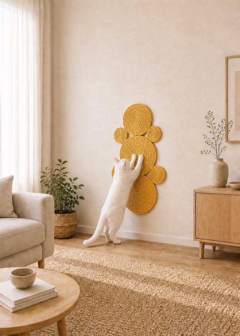 K&ouml;nnte beinhalten: Ein an der Wand montierter Kratzbaum f&uuml;r Katzen, bestehend aus mehreren kreisf&ouml;rmigen Scheiben, die mit dickem, senfgelbem Seil umwickelt sind. Eine wei&szlig;e Katze steht auf ihren Hinterbeinen und kratzt an der strukturierten Oberfl&auml;che.