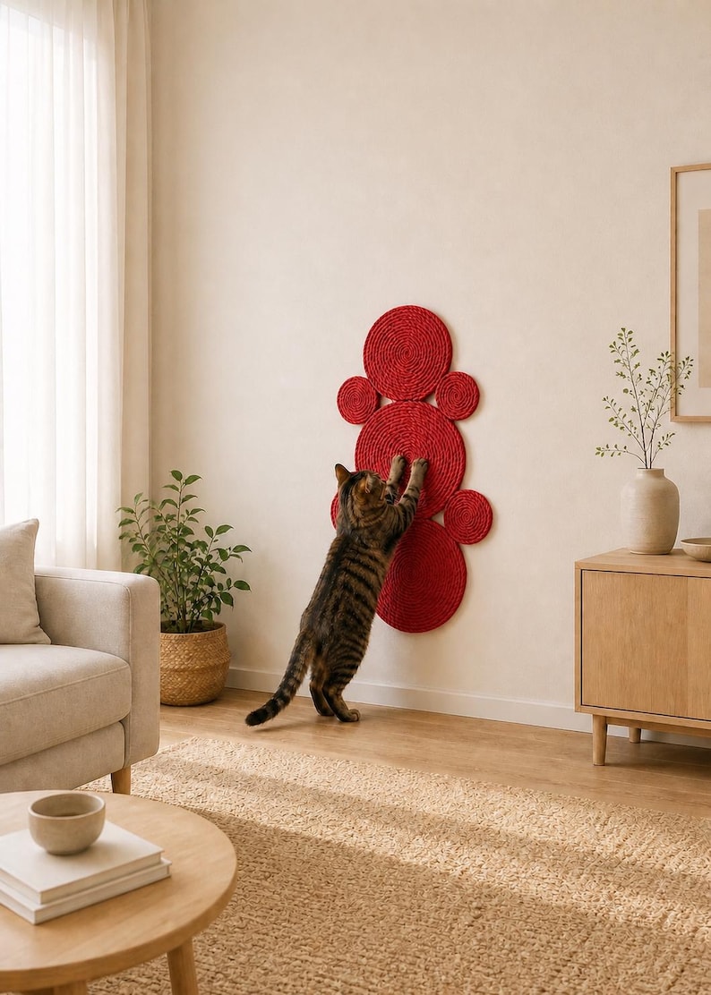 K&ouml;nnte beinhalten: Ein an der Wand montierter Kratzbaum f&uuml;r Katzen, bestehend aus mehreren miteinander verbundenen, roten kreisf&ouml;rmigen Scheiben, die mit dickem Seil umwickelt sind. Die Struktur verf&uuml;gt &uuml;ber einen gro&szlig;en Mittelkreis und kleinere Kreise.