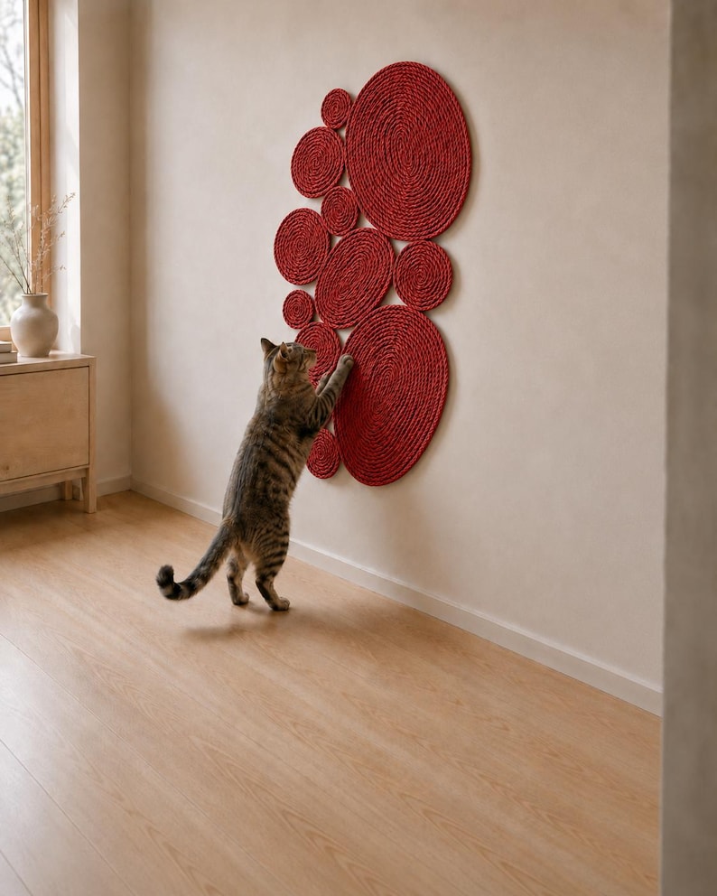 May include: A wall-mounted cat scratching post consisting of multiple circular discs of varying sizes arranged in a cluster. Each disc is constructed from coiled red rope, providing a textured surface for scratching. A tabby cat is shown interacting with it.