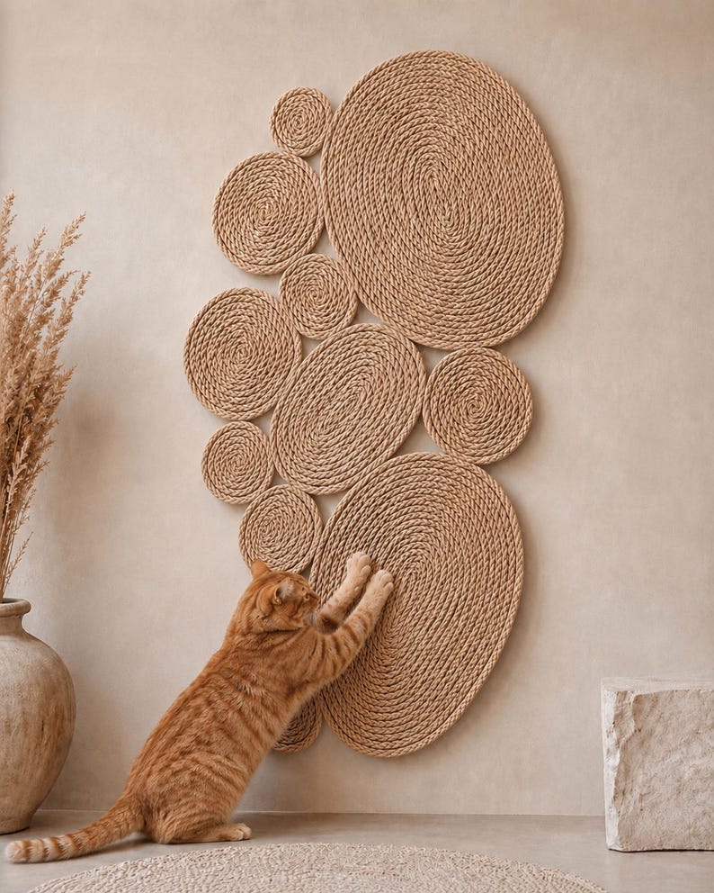 May include: A wall-mounted cat scratching post composed of multiple circular and oval discs made from coiled tan rope. An orange tabby cat is shown with its front paws extended, scratching the surface of the largest lower oval disc.