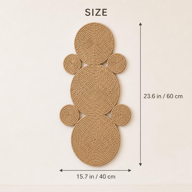 K&ouml;nnte beinhalten: Ein Wandbehang aus sieben beigefarbenen, spiralf&ouml;rmig gewickelten Seilkreisen in vertikaler Anordnung. Der Text SIZE steht oben. Die Ma&szlig;e sind mit 60 cm H&ouml;he und 40 cm Breite angegeben und zeigen die Gesamtgr&ouml;&szlig;e des Seilkunstobjekts.