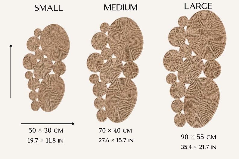 May include: Three wall art pieces made of coiled tan rope in small, medium, and large sizes. The small piece measures 19.7 x 11.8 inches, the medium 27.6 x 15.7 inches, and the large 35.4 x 21.7 inches. Each features a cluster of circular shapes.