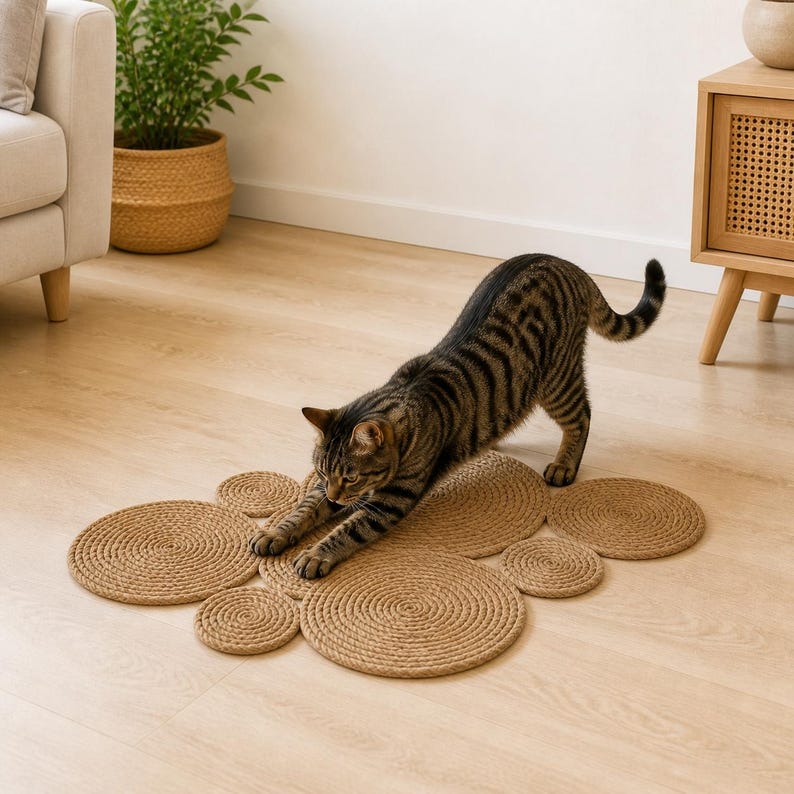K&ouml;nnte beinhalten: Ein brauner Teppich mit kreisf&ouml;rmigem Muster aus gewickeltem Seil, der aus mehreren miteinander verbundenen Kreisen unterschiedlicher Gr&ouml;&szlig;e besteht. Eine braune getigerte Katze streckt ihre Vorderpfoten auf der strukturierten Oberfl&auml;che des Teppichs aus.