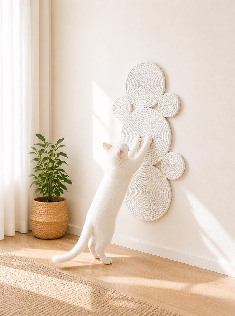 White cat stretching against a light natural jute wall-mounted scratching mat in a bright minimalist living room.