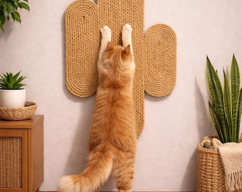 Wall Mounted Cactus Cat Scratcher, Natural Jute Rope, Boho Cat Decor, Handmade Claw Mat