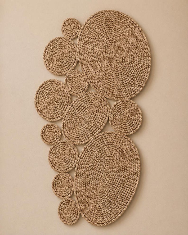 May include: A wall hanging composed of multiple circular and oval shapes made from coiled tan rope. The arrangement features varying sizes of discs and ovals tightly wound in a spiral pattern, creating a textured, layered composition of natural fiber.