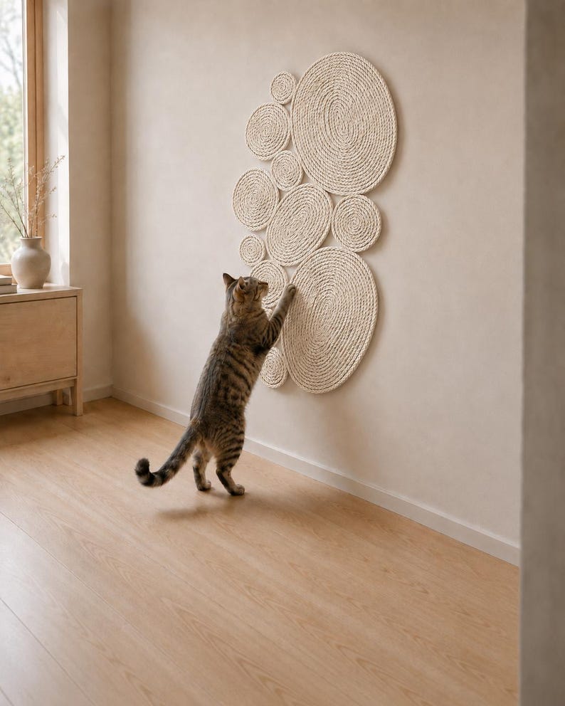 May include: A wall-mounted cat scratching post consisting of multiple circular pads made of coiled off-white rope. The pads are arranged in a cluster of varying sizes, featuring a textured surface for scratching, mounted directly onto a flat wall.